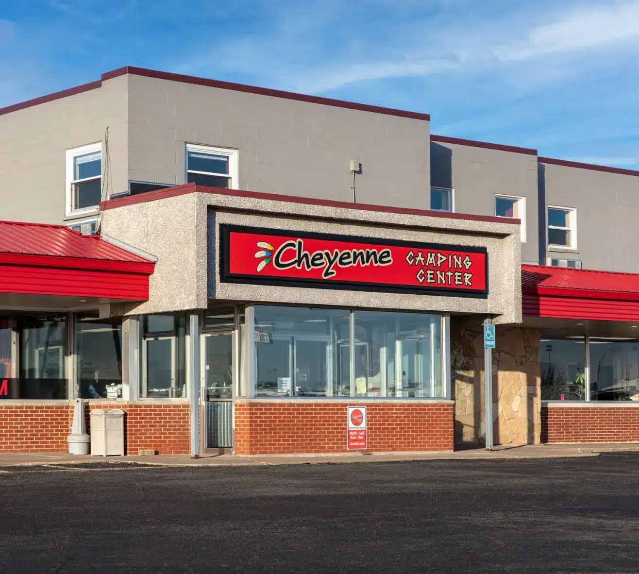 Store front of Cheyenne Camping Center in Walcott, IA.
