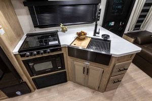 2026 Forest River Cherokee Grey Wolf Black Label 23MKBL Couples Travel Trailer Interior Image