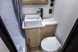 2027 Forest River Cherokee Grey Wolf Black Label 20RDSEBL Couples Travel Trailer Interior Image